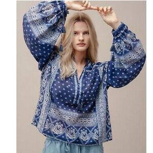 Melissa Nepton Brendon Blouse Bandana Blue White Balloon Sleeves Women’s Small